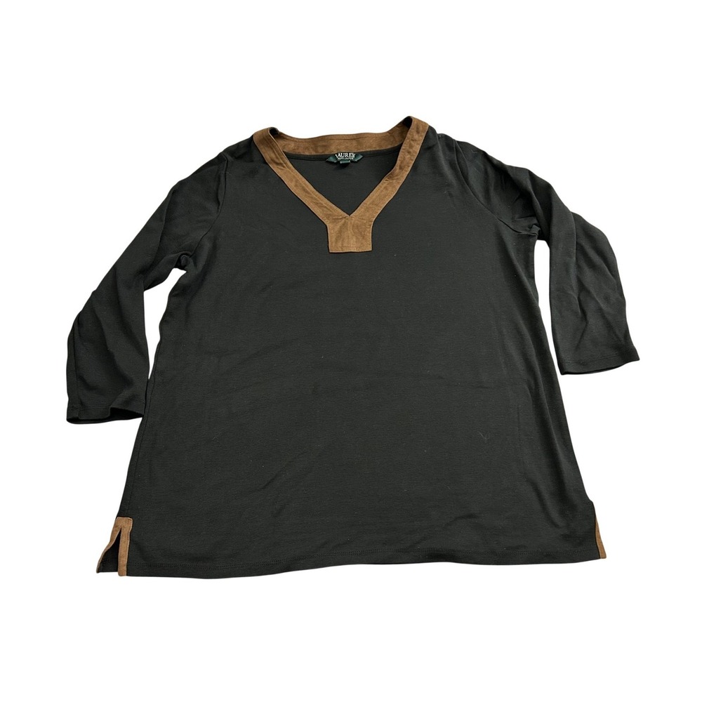 Lauren Ralph Lauren Top Womens XL Black Brown Suede Trim V-Neck Cotton Excellent